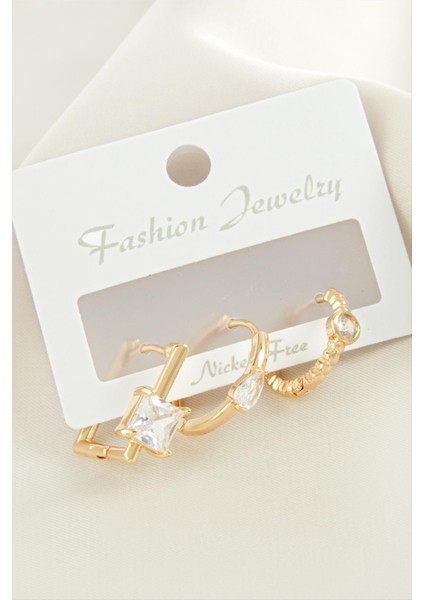 3 Adet Kare Zirkon Taşlı Küpe