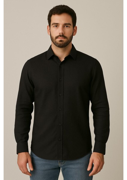 Sofya Keten Dokulu Uzun Kollu Siyah Erkek Gömlek