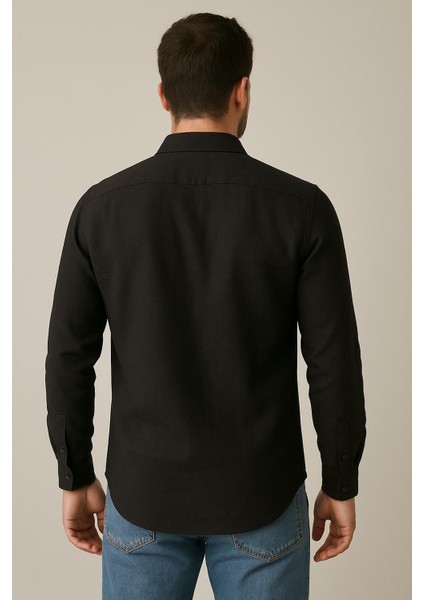 Sofya Keten Dokulu Uzun Kollu Siyah Erkek Gömlek fırsatları