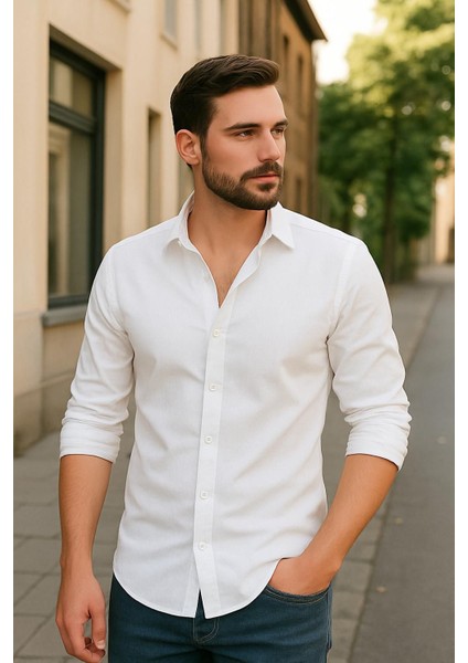Sofya Keten Dokulu Uzun Kollu Beyaz Erkek Gömlek