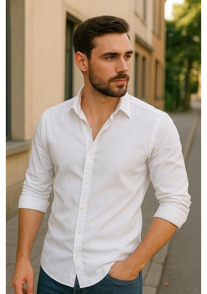 Sofya Keten Dokulu Uzun Kollu Beyaz Erkek Gömlek modelleri