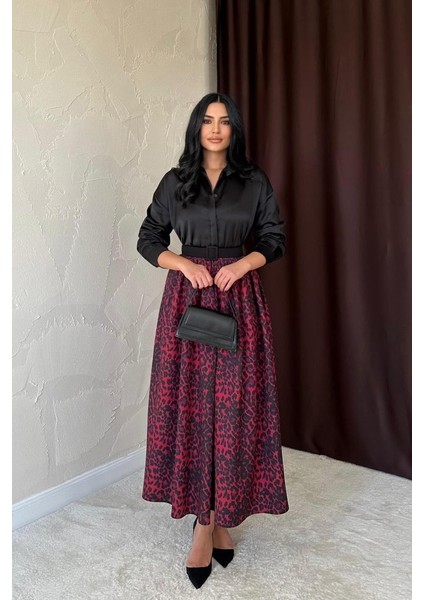 Bordo Leopar Büzgülü Uzun Etek