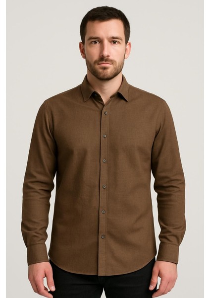 Sofya Keten Dokulu Uzun Kollu Kahve Erkek Gömlek
