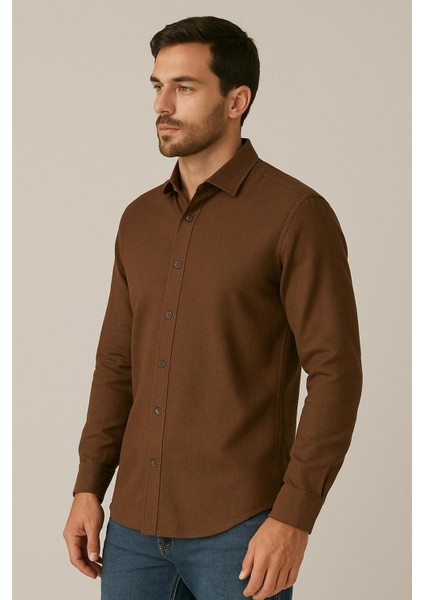 Sofya Keten Dokulu Uzun Kollu Kahve Erkek Gömlek modelleri
