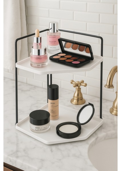 Takı Ve Makyaj Malzemesi Organizeri - 2 Katlı Banyo Kozmetik Takı Düzenleme Standı - Servislik Dekoratif 2 Katlı Raf | Çok Amaçlı Organizer Paslanmaz Çelik & Ahşap Stand