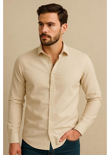 Sofya Keten Dokulu Uzun Kollu Krem Erkek Gömlek