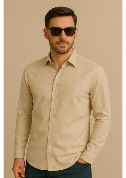 Sofya Keten Dokulu Uzun Kollu Krem Erkek Gömlek modelleri