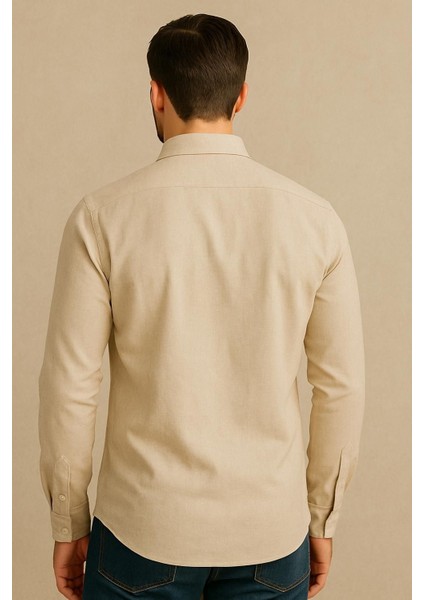 Sofya Keten Dokulu Uzun Kollu Krem Erkek Gömlek fırsatları