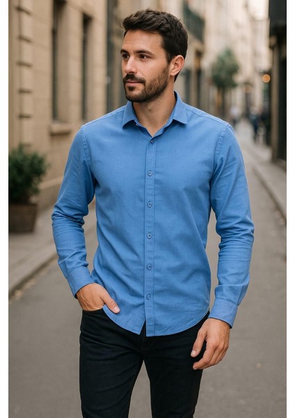 Sofya Keten Dokulu Uzun Kollu Mavi Erkek Gömlek