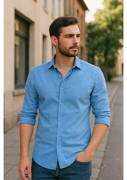 Sofya Keten Dokulu Uzun Kollu Mavi Erkek Gömlek modelleri