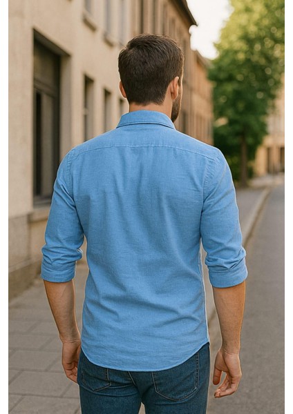 Sofya Keten Dokulu Uzun Kollu Mavi Erkek Gömlek fırsatları