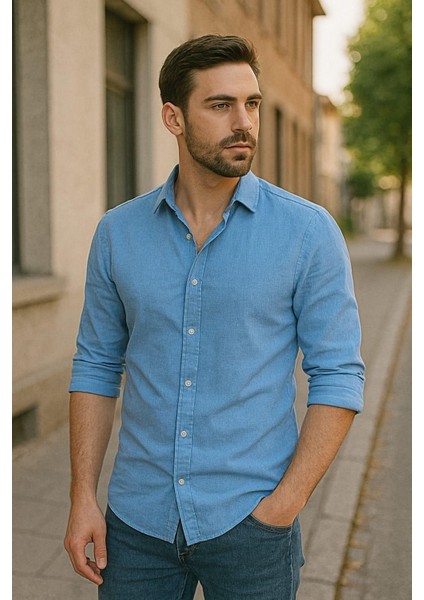 Sofya Keten Dokulu Uzun Kollu Mavi Erkek Gömlek indirimleri