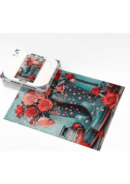 1000 Parça Puzzle Kırmızı ve Pembe Güller Puantiyeli Mavi Çizme Vazoda modelleri