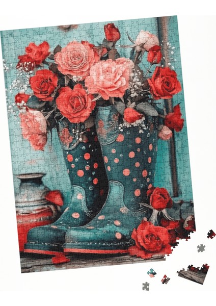 1000 Parça Puzzle Kırmızı ve Pembe Güller Puantiyeli Mavi Çizme Vazoda fırsatları