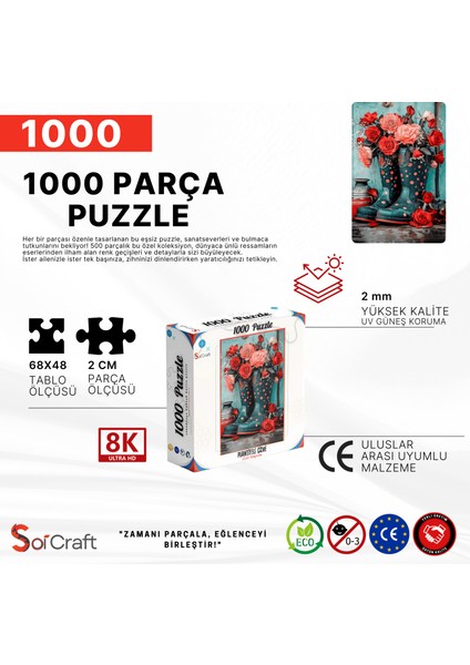 1000 Parça Puzzle Kırmızı ve Pembe Güller Puantiyeli Mavi Çizme Vazoda indirimleri