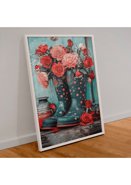 1000 Parça Puzzle Kırmızı ve Pembe Güller Puantiyeli Mavi Çizme Vazoda