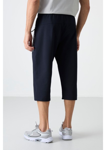 Lacivert - Beyaz Fermuar Cepli Standart Kalıp Klasik Paça Erkek Kapri - 83091