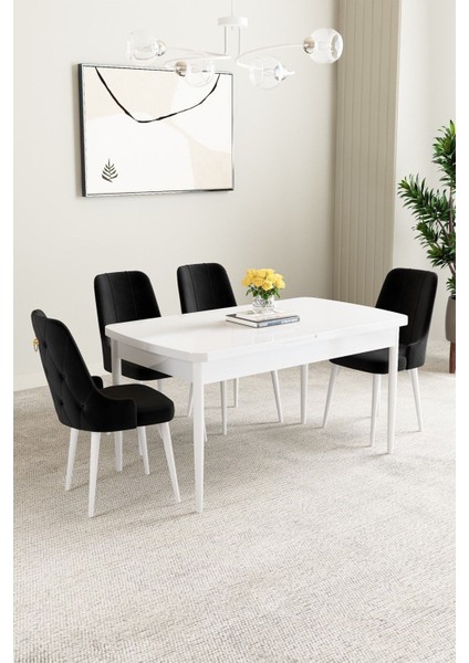 Mabel Beyaz 80X132 Açılabilir Mdf Masa Yemek Odası Takımı, Mutfak Takımı 4 Adet Sandalye