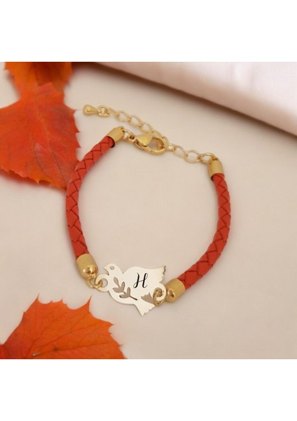 14 Ayar Plakalı Altın H Harfine Özel Hakiki Turuncu Derili Kuş Figürlü Hediye BILEKLIK-468HARF fiyatları