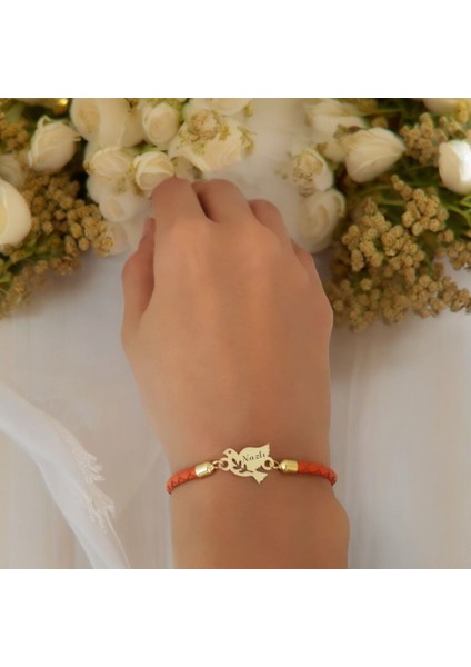 Altın Plakalı 14 Ayar Nazlı Ismine Özel Hakiki Turuncu Derili Kuş Figürlü Hediye BILEKLIK-468ISIM