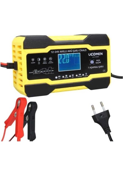 12/24 Volt 10 Amper LED Göstergeli 7 Aşamalı Akü Şarj Cihazı (UC-C121001A Sarı)