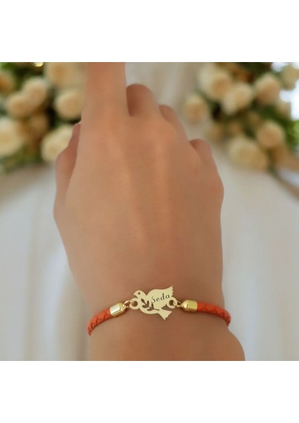14 Ayar Altın Plakalı Seda Ismine Özel Hakiki Turuncu Derili Kuş Figürlü Hediye BILEKLIK-468ISIM