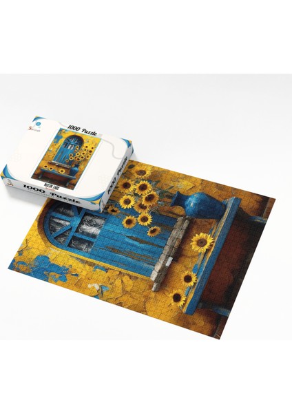 1000 Parça Puzzle Mavi Kapı ve Ayçiçekleri Rustik Sanat modelleri