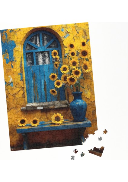 1000 Parça Puzzle Mavi Kapı ve Ayçiçekleri Rustik Sanat fırsatları