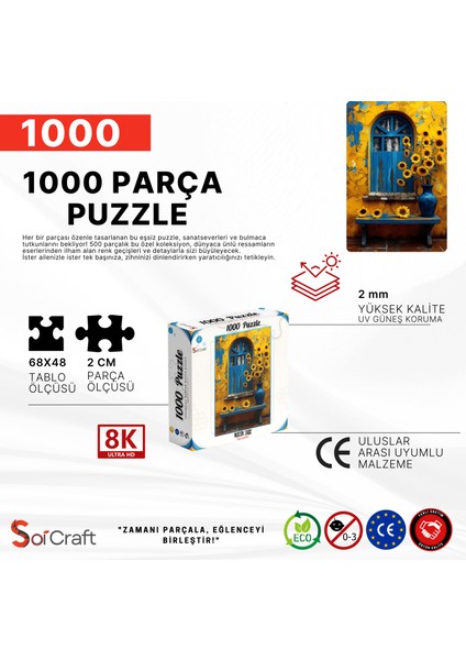 1000 Parça Puzzle Mavi Kapı ve Ayçiçekleri Rustik Sanat indirimleri