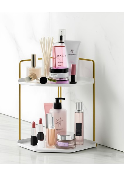 Dekoratif 2 Katlı Raf | Çok Amaçlı Organizer Paslanmaz Çelik & Ahşap Stand