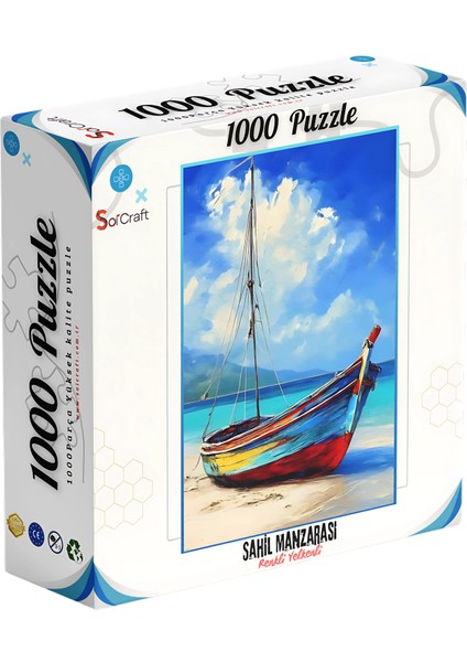1000 Parça Puzzle Sahil Manzarası Renkli Yelkenli Tekne