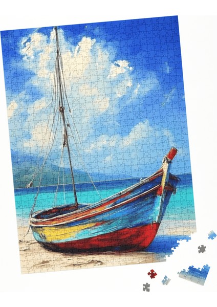 1000 Parça Puzzle Sahil Manzarası Renkli Yelkenli Tekne fırsatları