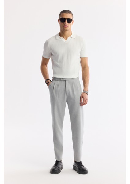 Erkek Ekru Düğmesiz Polo Yaka Boyuna Ajur Desenli Rayon Triko T-shirt A51Y5015
