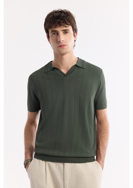 Erkek Haki Polo Yaka Rayon Triko Regular Fit T-Shirt A51Y5015