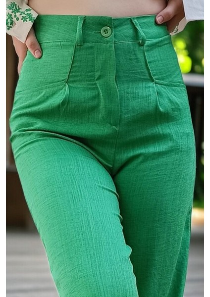 Pileli Keten Kadın Palazzo Pantolon Yeşil modelleri