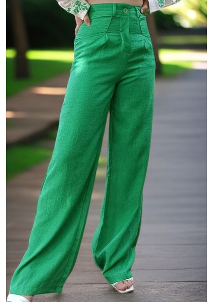 Pileli Keten Kadın Palazzo Pantolon Yeşil fırsatları
