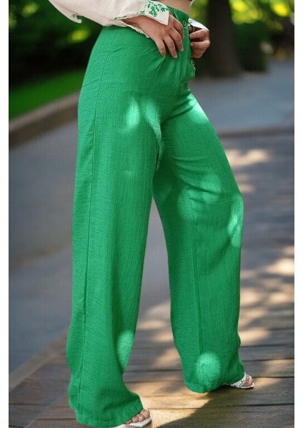 Pileli Keten Kadın Palazzo Pantolon Yeşil indirimleri