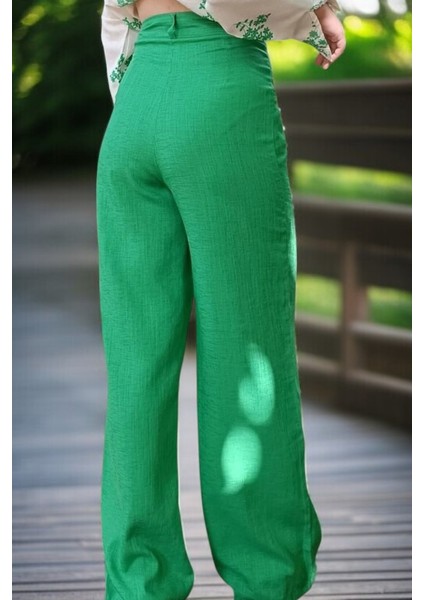 Pileli Keten Kadın Palazzo Pantolon Yeşil