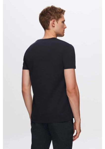 Slim Fit Lacivert Düz Kabartma Baskılı T-Shirt modelleri