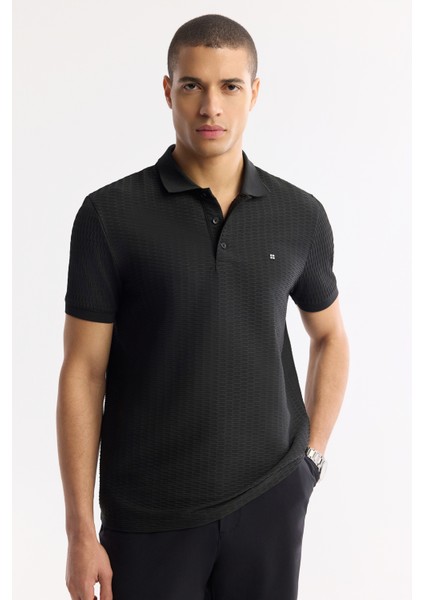 Erkek Siyah Düğmeli Polo Yaka Dokulu Jakarlı T-Shirt A51Y1121