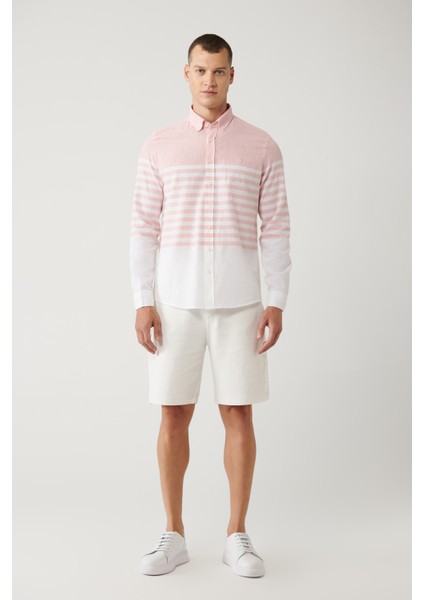 Erkek Açık Pembe Düğmeli Yaka Pano Çizgili Slim Fit Gömlek A41Y2190 indirimleri