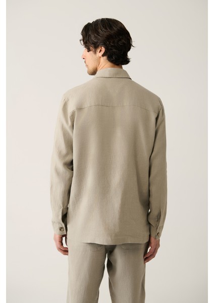 Erkek Gri Gömlek Ceket Klasik Yaka %100 Keten Comfort Fit A41y2087