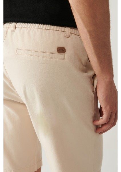 Erkek Bej Beli Lastikli Yumuşak Tuşeli Aspendos Relaxed Fit Şort A41Y3735