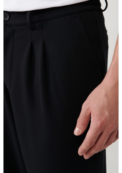 Erkek Siyah Smyrna Baggy Fit Pantolon Klasik Bel Pileli Örme A41y3075