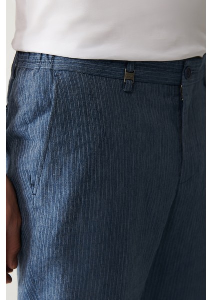 Erkek Mavi Beli Lastikli Keten Karışımlı linen Touch Relaxed Fit Takım Pantolonu A41y3260