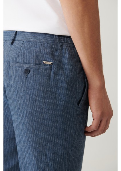 Erkek Mavi Beli Lastikli Keten Karışımlı linen Touch Relaxed Fit Takım Pantolonu A41y3260