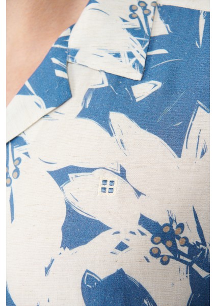 Erkek Mavi Apaj Yaka Viskon Keten Karışımlı Kısa Kollu Regular Fit Gömlek A41Y2145