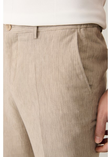 Erkek Vizon Beli Lastikli Keten Karışımlı linen Touch Relaxed Fit Takım Pantolonu A41y3260