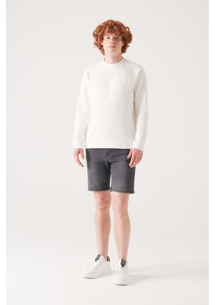 Erkek Ekru Sweatshirt Bisiklet Yaka Pamuklu 2 Iplik Şardonsuz Esnek Comfort Fit E001200
