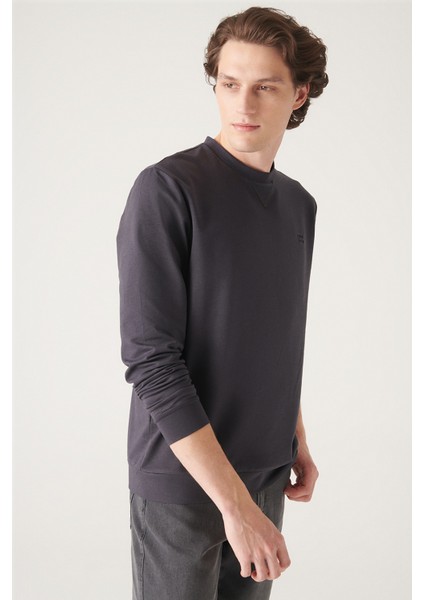 Erkek Antrasit Sweatshirt Bisiklet Yaka Pamuklu 2 Iplik Şardonsuz Esnek Comfort Fit E001200